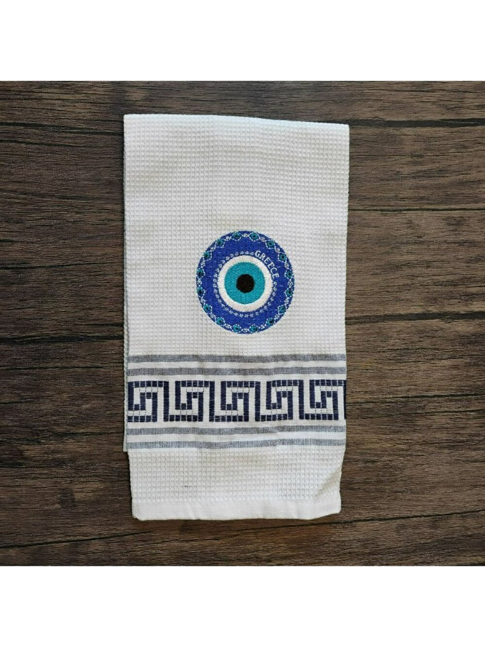 Greek Evil Eye Mati Embroidered White Waffle Kitchen Tea Towel NEW